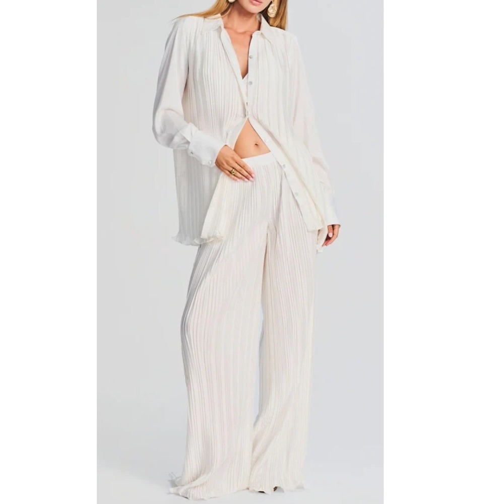 Quite Luxury Classic White Plisse Pleated Set Oversized Shirt Wide Leg Pants XXL